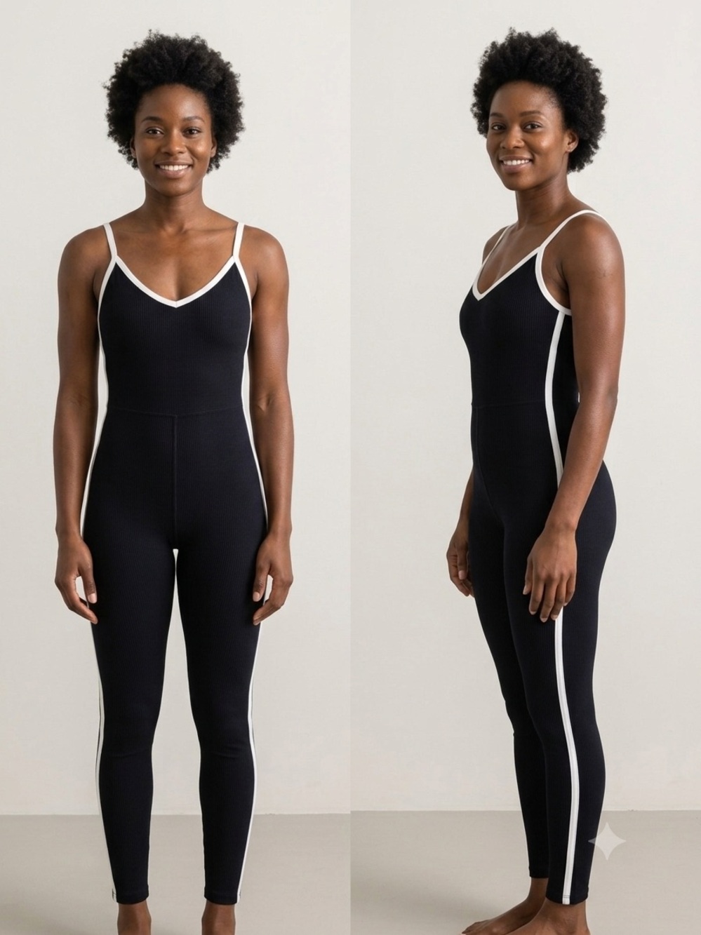 Wilo The Label Black Ribbed V-Neck Jumpsuit with White Trim, Women’s Size Small